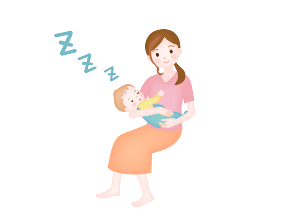 赤ちゃん横抱きして寝かしつけるお母さんのイラストです。
