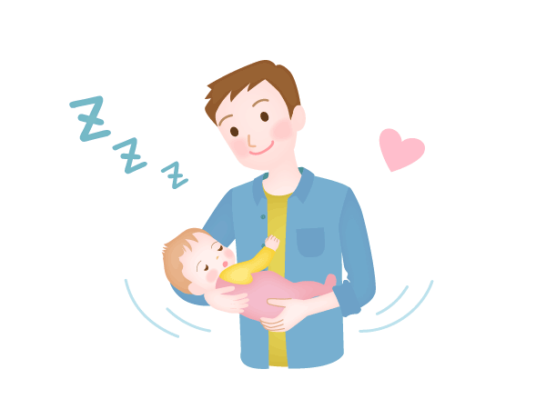 赤ちゃんを寝かしつける育メン、可愛いお父さんのイラストです。
