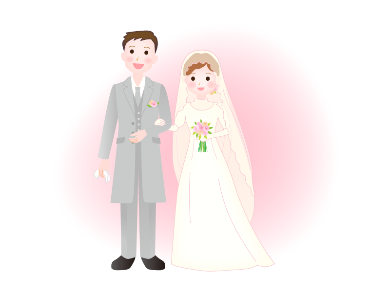幸せそうな花婿と可愛い花嫁の全身のイラストです。清楚なマリアベールのバージョンです。お祝いなどいろいろなコンテンツでお使いください♪