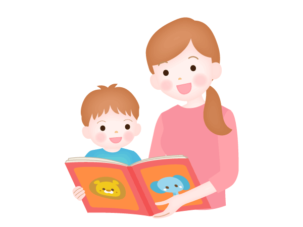  お母さんが幼児の男の子に絵本の読み聞かせをしているイラスト