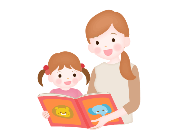 お母さんが女の子に絵本の読み聞かせをしているイラスト