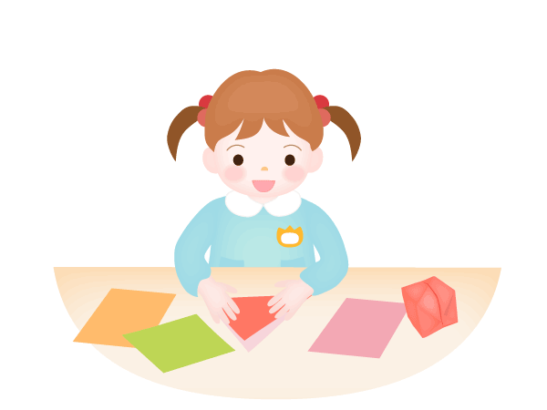 スモックを着た女の子の園児が折り紙をして一るシーン、子どもの笑顔のイラストです。