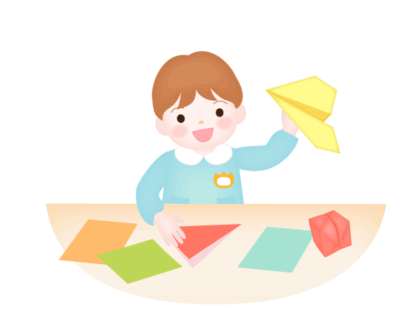 男の子の園児が折り紙をして一るシーン、紙飛行機を持っている子どもの笑顔のイラストです。