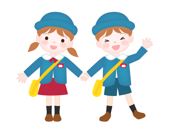 青い制服を着ている幼稚園児ー男の子と女の子が手を繋いでいるイラスト。