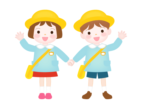 水色のスモックを着ている幼稚園児ー男の子と女の子が手を繋いでいるイラスト。