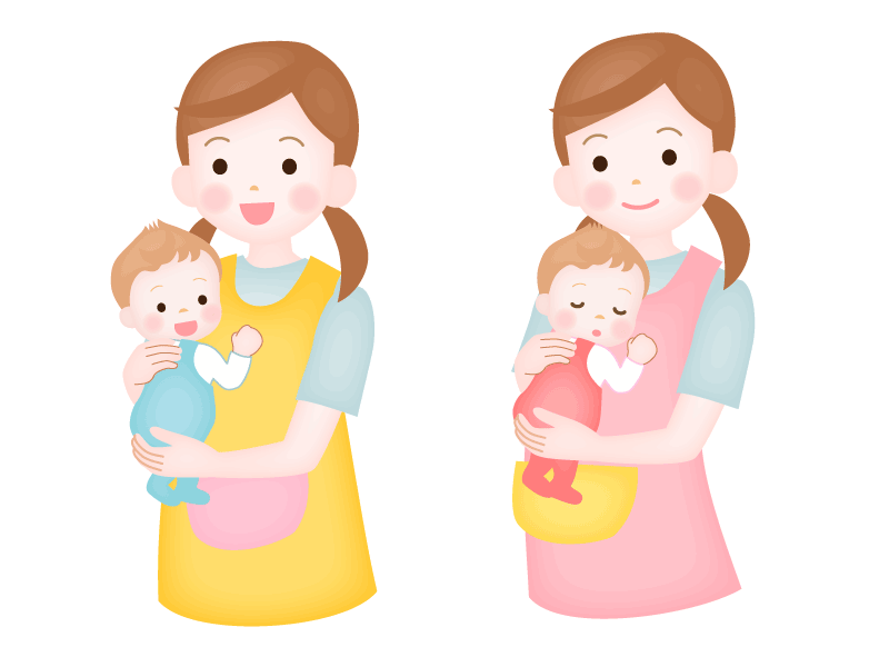 赤ちゃんを抱っこしている保育士さん2カットのイラストです。