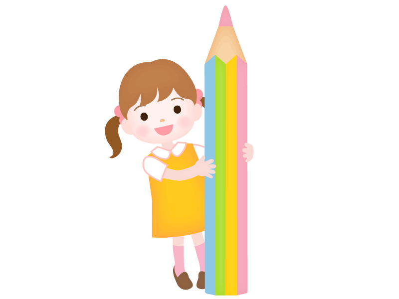 パステルカラーの大きい鉛筆を持って顔を覗かせる女の子のイラストです。