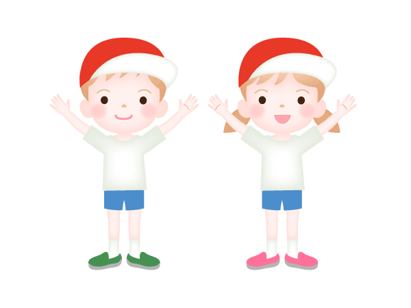 両手を上げている、紅白帽と体操着の小学生二人（男の子と女の子）