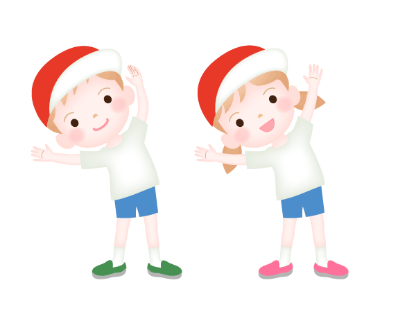 体操をする紅白帽と体操着の小学生（男の子と女の子）