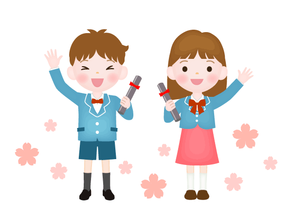 卒業証書を持った小学生の男の子と女の子です。桜の花が背景、子どもが笑顔のイラストです。