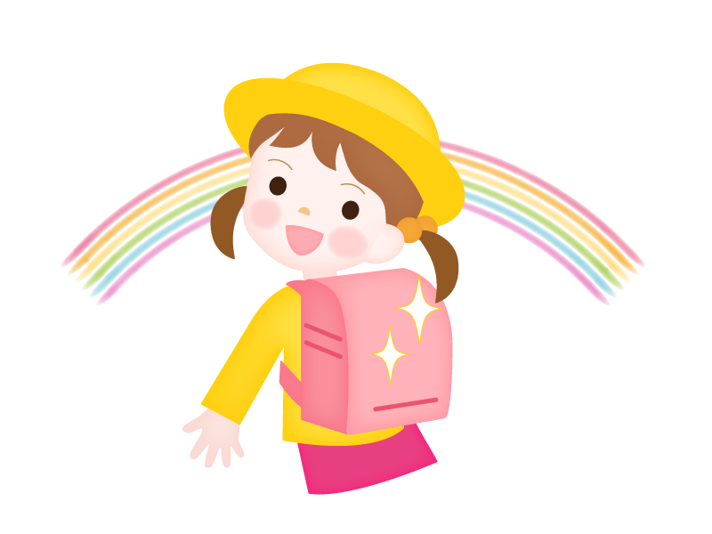 黄色い帽子を被った一年生の女の子がピカピカのランドセルを背負っているイラストです。