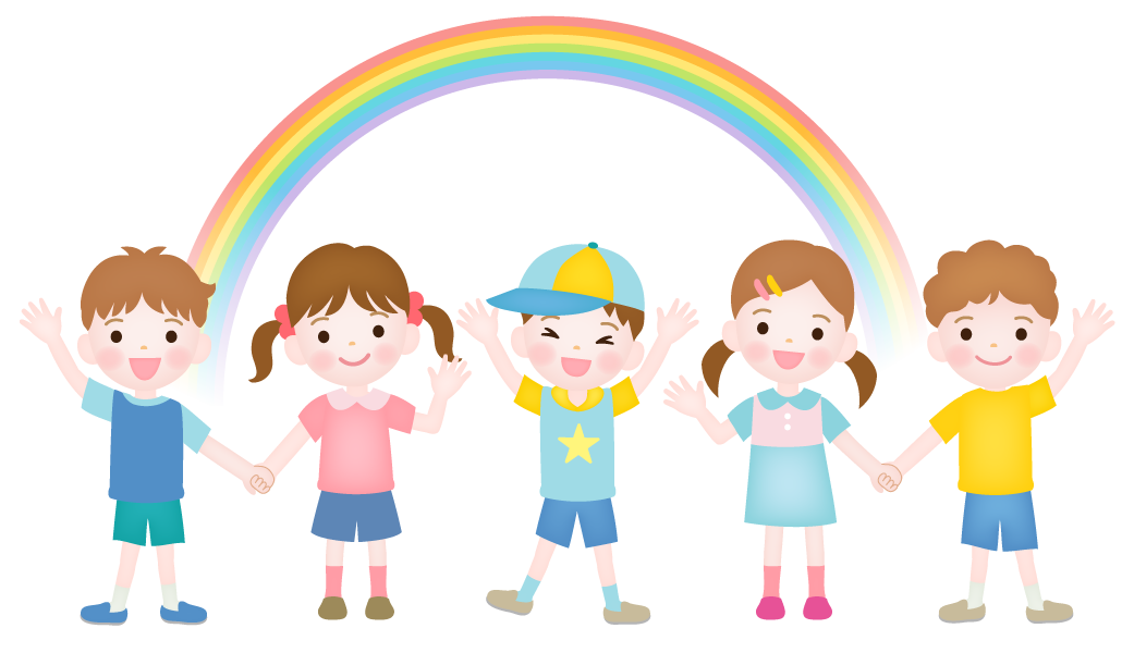虹を背景に笑顔の子どもたち5人のイラストです。