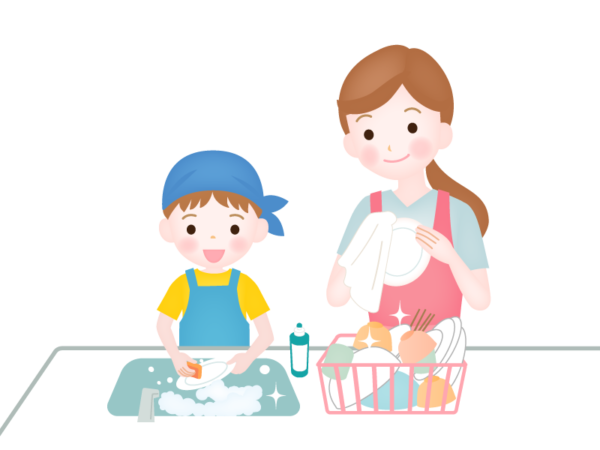 お母さんと一緒にお皿洗いをして、お手伝いをする男の子のイラストです