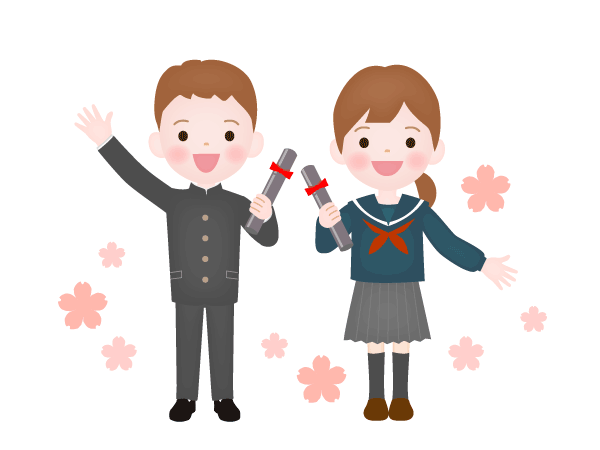 桜の花と卒業証書を手にして笑顔の中高生制服姿の男女のイラストです。