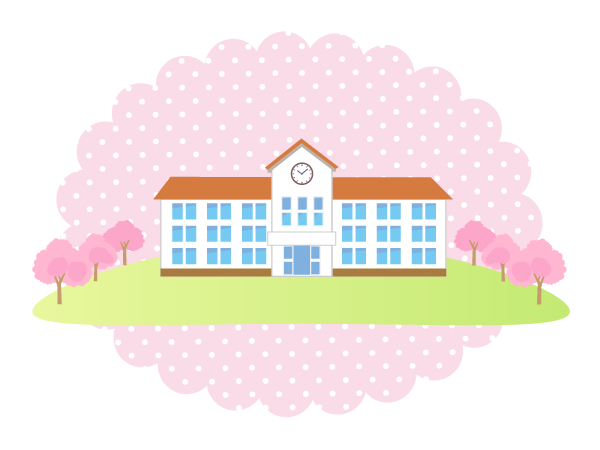 春らしいピンク色の背景、桜の木と学校の校舎のイラストです。