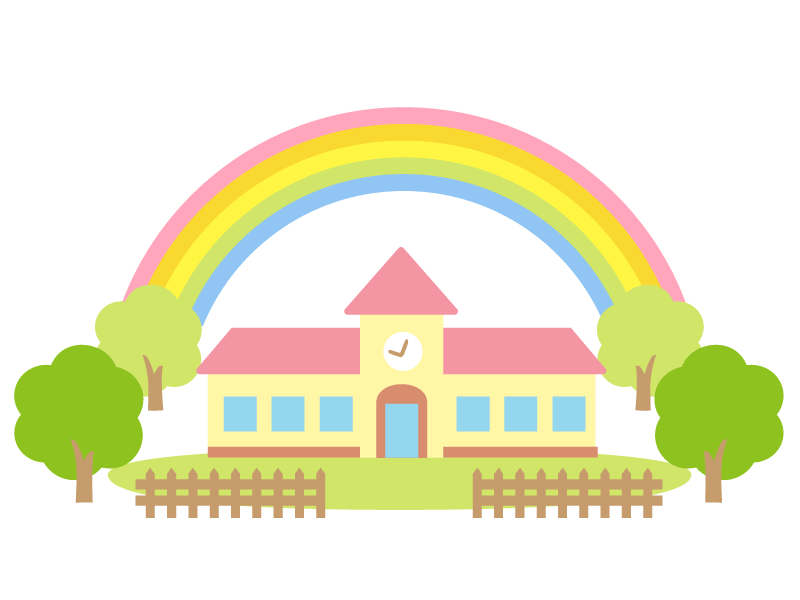 ５色のパステルカラーの虹を背景にした保育園の園舎のイラストです。