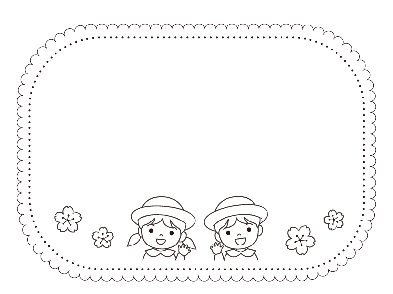 園児の笑顔と桜のフレーム 白黒あり ぱすてる Kidsイラスト素材