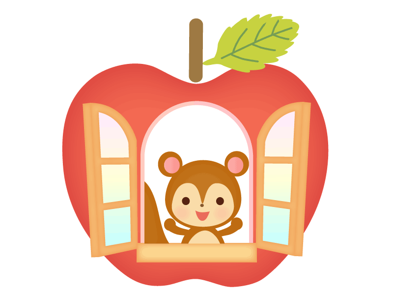りんごの窓が開いて、たぬきが顔を出している子供向けイラストです。